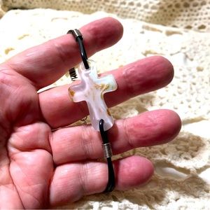 Cross, Murano Glass copper and white, beautiful black cord, adjustable, new!